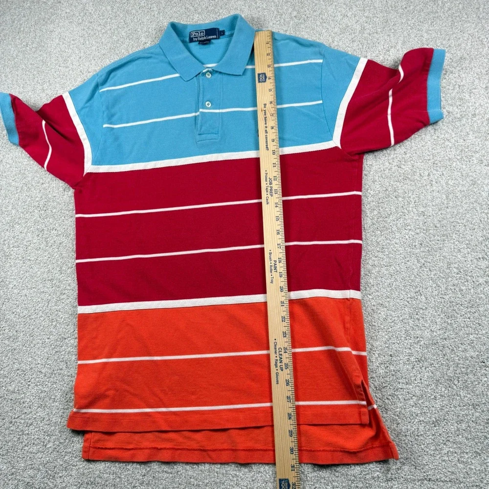 Polo Ralph Lauren Polo Shirt Mens L Blue Red Orange Striped Colorblock Pique